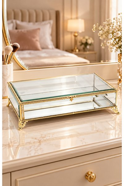 Hinora Home صندوق مجوهرات زجاجي مزخرف، منظم إكسسوارات أنيق مقاس 32x20x8 سم