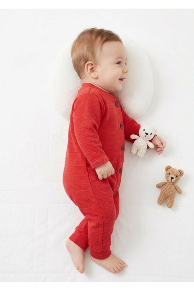 gülerçocuk Unisex Bebek Kırmızı Yandan Çizgili Düğmeli Tulum - Esnek Örme Yenidoğan Bebek Tulumu (0-3 Ay)