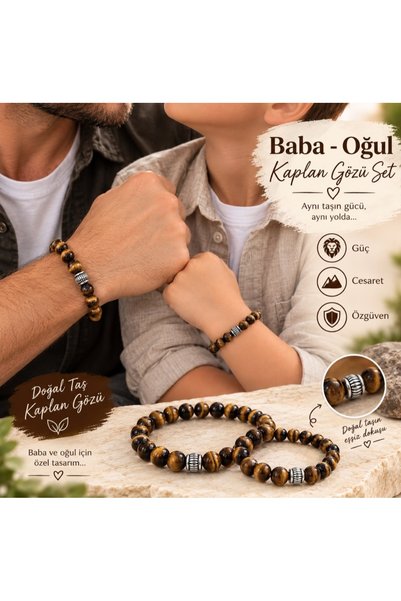 Leyandoğaltaş Special Design Tiger's Eye Natural Stone Father Son Child Brace...