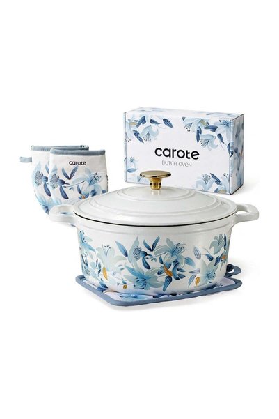 CAROTE 4.73L (5 Qt) Floral Enameled Cast Iron Dutch Oven Gift Set with Pothol...