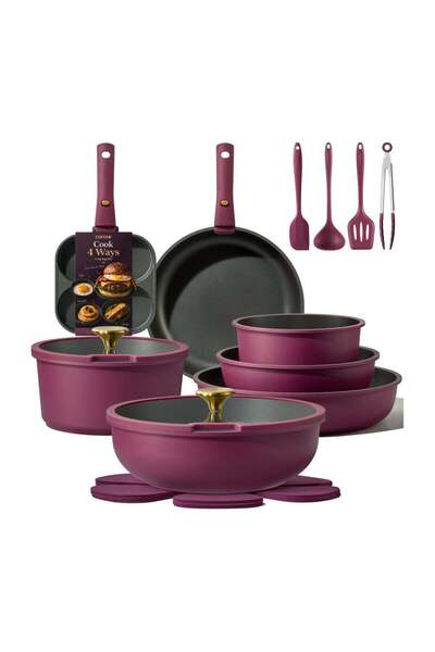 CAROTE 21-Piece Nonstick Cookware Set with Detachable Handle, Purple Gold