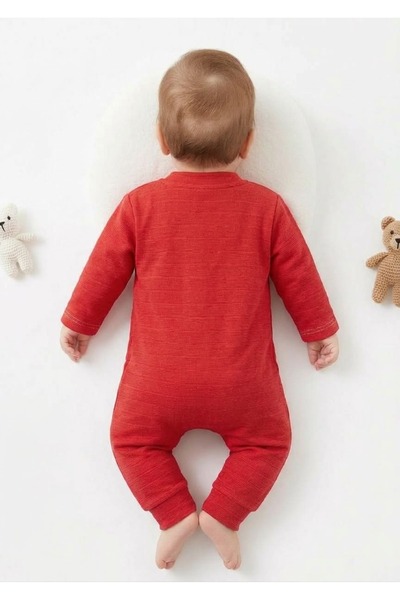 gülerçocuk Unisex Bebek Kırmızı Yandan Çizgili Düğmeli Tulum - Esnek Örme Yenidoğan Bebek Tulumu (0-3 Ay)