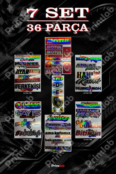 PrintLab Hologram Sticker Seti 36 Parça 7 SET / Araç Hologram Sticker / Bisik...