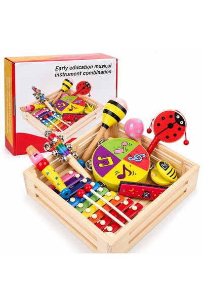 OEM Set 9 Instrumente Muzicale pentru Copii în Lădiță din Lemn – Xilofon, Tam...