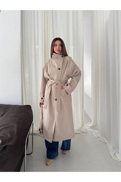 Bella Breeze معطف نسائي طويل موسمي كبير الحجم ذو ياقة عالية وحزام عند الخصر و...