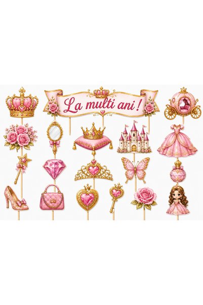 DecoParty Set de decorațiuni pentru tort – Tematică Prințesă Regală Roz și Au...