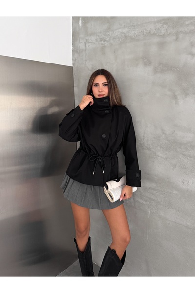 Bella Breeze معطف نسائي قصير موسمي بياقة عالية وخصر مطاطي وأزرار وأربطة