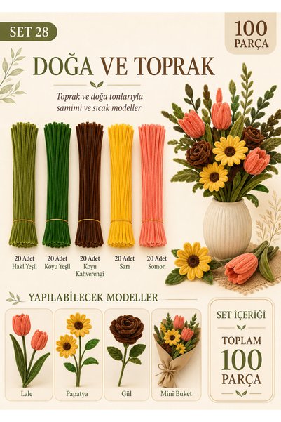 Modellino 100 Adet 30cm Tüylü Tel Şönil – Doğa ve Toprak Seti – Haki Yeşil, Koyu Yeşil, Koyu Kahverengi, Sarı ve Somon