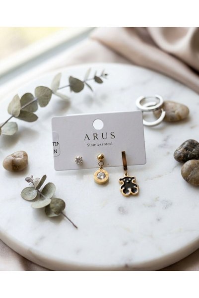 HOŞGÖR ACCESSORIES مجموعة من 3 أقراط من الفولاذ بتفاصيل دببة مرصعة بالحجارة