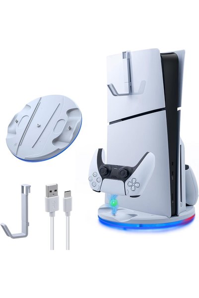 Generic حامل عرض PlayStation 5 Slim مع شاحن وحدة تحكم، خطاف سماعة الرأس، أضوا...