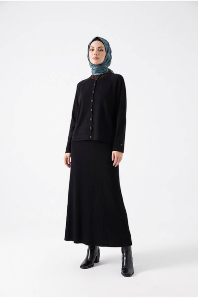 Armine Trend Reglan Kol Düğmeli Soğuk İplik TAM KALIP Etekli Triko Takım