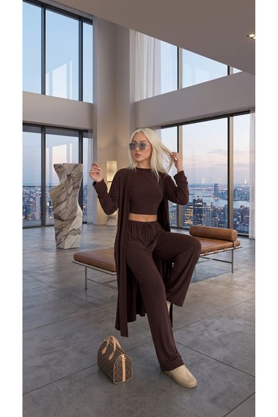 winmoda طقم نسائي من 3 قطع من القماش الرملي البني - كارديجان وتي شيرت قصير وب...