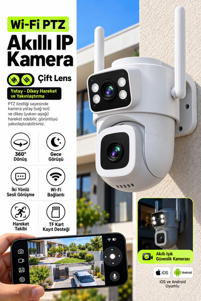 Çift Lensli WiFi PTZ Akıllı Güvenlik Kamerası, 360° Döner, Gece Görüşlü, Hareket Takipli, Sesli Görüşme, Dış Mekan IP Kamera, iOS Android Uyumlu