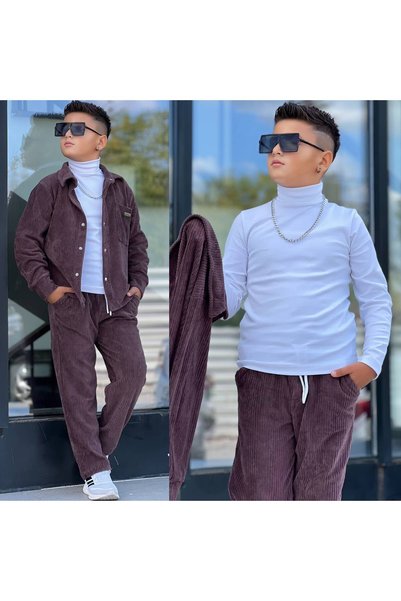 Ysferbutik Boy's Velvet Jacket, High-Necked Bady and Velvet Trousers 3-Piece Set