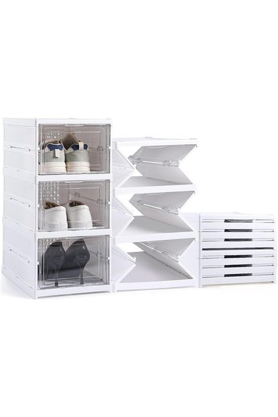 Yelajoy 2 Pcs Foldable Shoe Storage Boxes, 3 Tier Clear Plastic Shoe Organize...