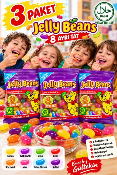 Emrah Gültekin 3 Paket Renkli Haribo Jelly Beans Şekerleme 8 Ayrı Tat Meyve A...