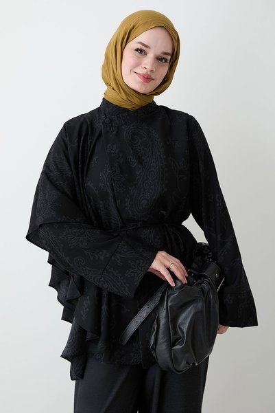 InStyle Etnik Desenli Tunikli Siyah Takım