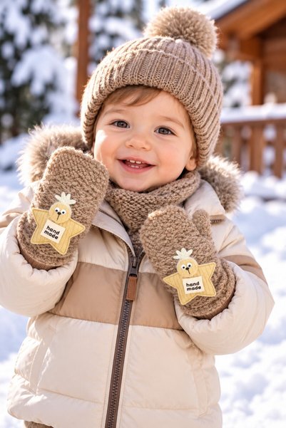 minik'o kids قفازات KİTTİ 26210-05 للرجال من 1-3 سنوات، قفازات تريكو بإصبع واحد