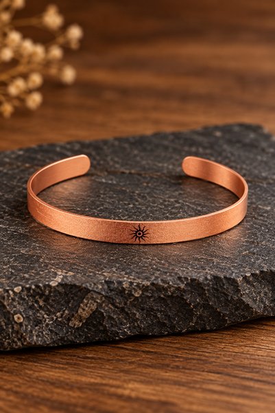 Erol Bakır Unisex Black Motif Thin Adjustable Handmade Copper Handcuff Bracelet