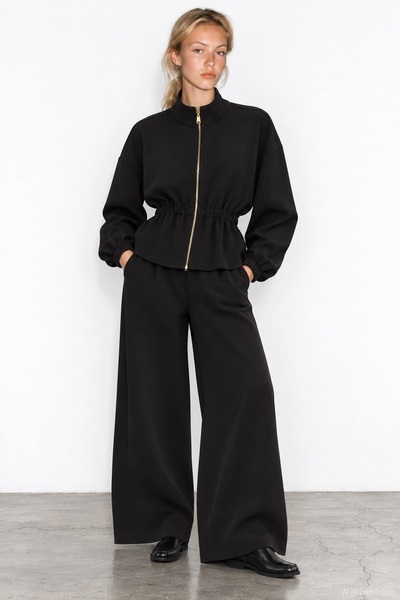 Quzu Elastic Waist Women's Canvas Trousers Pnt02673 Black