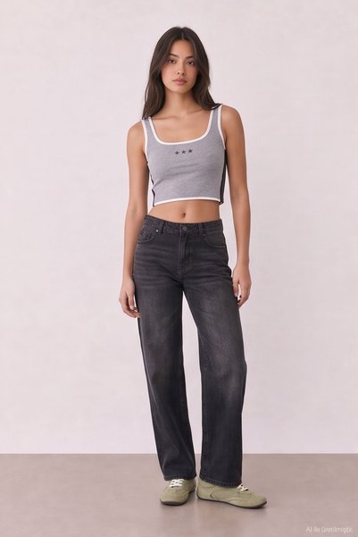Quzu Contrast Piping Detailed Women's Athlete Top Atl02483 Gray Melange