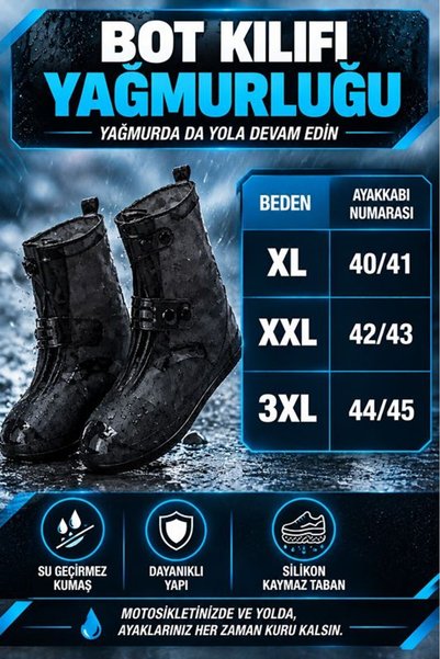 Motoraf Motosiklet Lüx Silikon Bot Kılıfı Yağmurluğu Pvc Ayakkabı Yağmur Çamu...