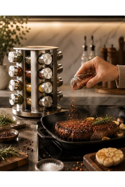 Generic 16-Piece Stainless Steel and Glass Rotating Spice Rack Set
