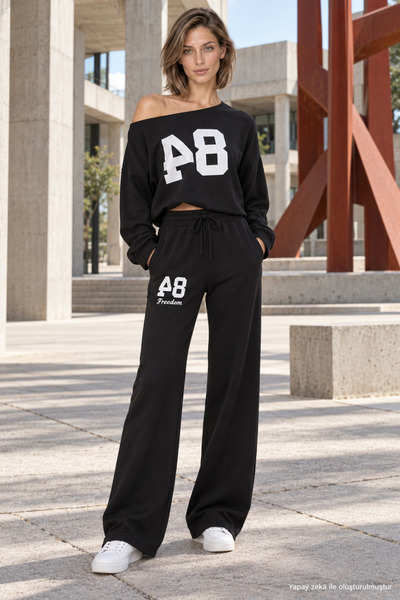 Valeria Butik 48 Costum negru cu un singur umăr și pantaloni, cu imprimeu dig...