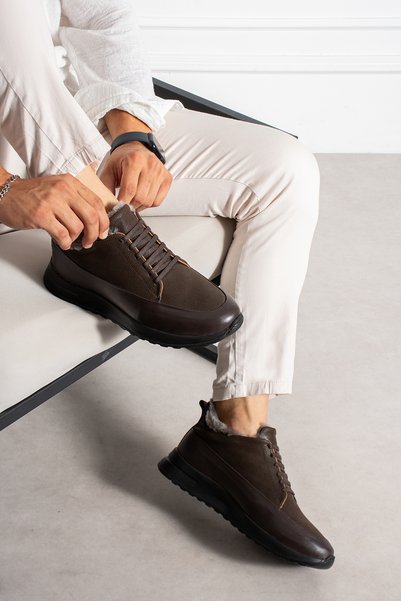MEEGORA Men's Brown Fur Winter Sneakers – Lace-Up, Stylish, and Modern Design