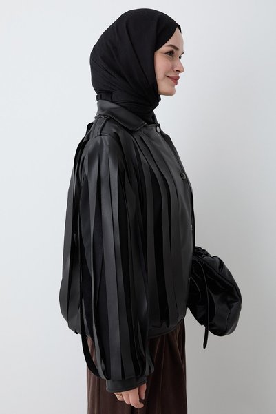 InStyle Şerit Detaylı Siyah Deri Ceket