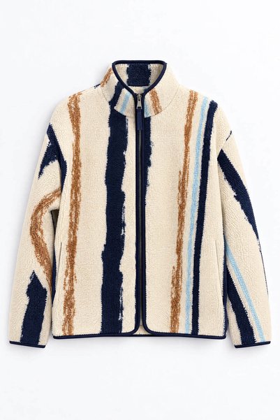 Sue Store Ekru Lacivert Kahve Desenli Fermuarlı Oversize Peluş Sweatshirt