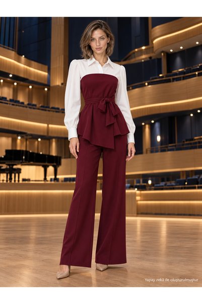 Valeria Butik Trikoton Garnished Belted Crepe Trouser Suit Burgundy