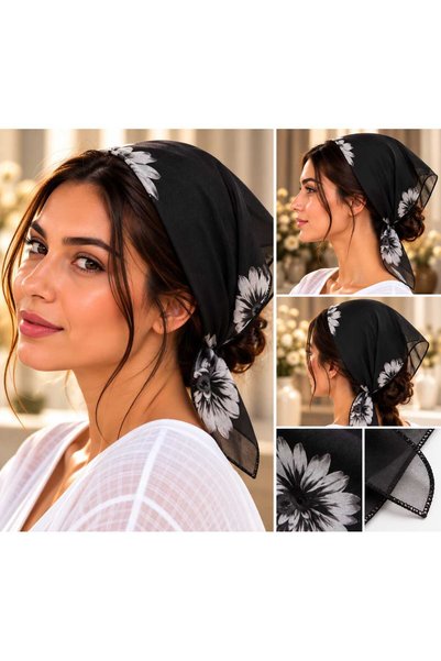 iTin Eșarfă cu model floral, 60x60 cm, neagră cu flori alb-gri, margine finis...