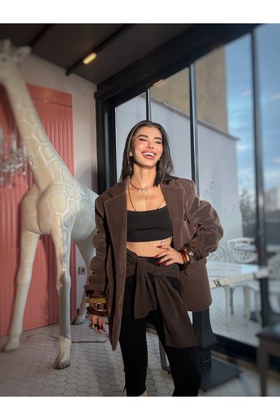 GÜLCİCİ 🤎 Önü Kaşe, Arkası Kadifemsi Dokulu Kahverengi Blazer Ceket