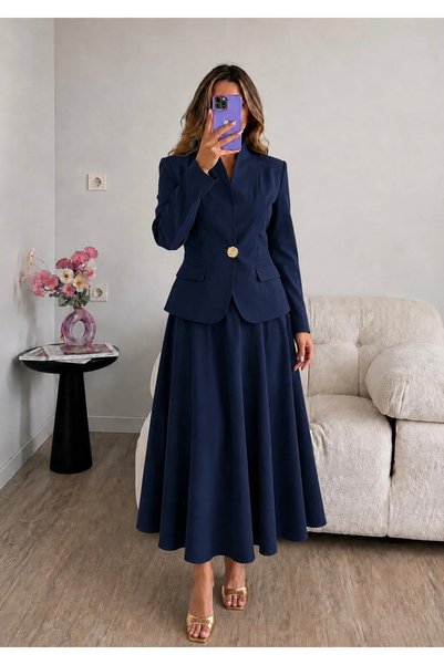 Ekim Store Navy Blue Gold Single Button Notched Lapel Jacket and Trousers Two...