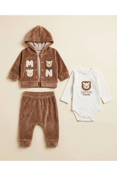 PAKEL 3-Piece Lion Embroidered Baby Boy Set Velvet 100% Cotton Printed Bodysu...