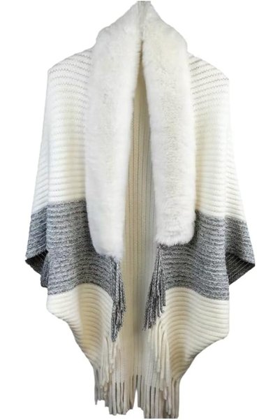 GENERAL Winter Knit Fringe Fur Collar Shawl, Loose Thickened Knitted Shrugs W...