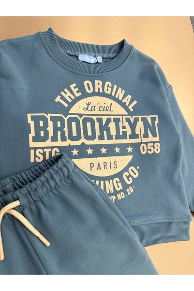 Motebarn Wear Erkek Çocuk Mavi Brooklyn Baskılı Sweatshirt ve Eşofman Altı İkili Takım