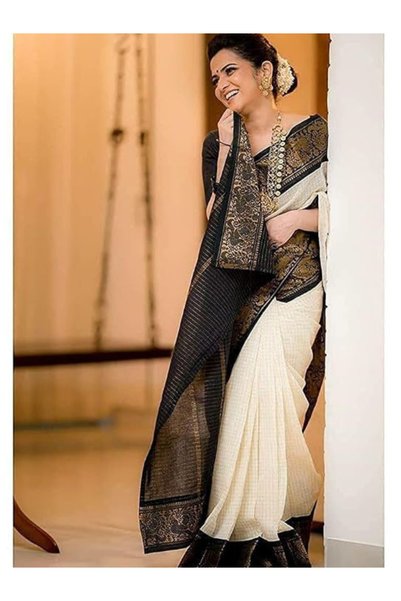 MYSMAR Cream Banarasi Silk Saree with Black & Gold Zari Border - MAF3593 | Cr...