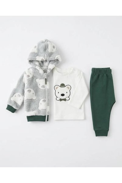 PAKEL Teddy Bear Embroidered 3-Piece Baby Boy Set with Welsoft Fleece 100% Co...