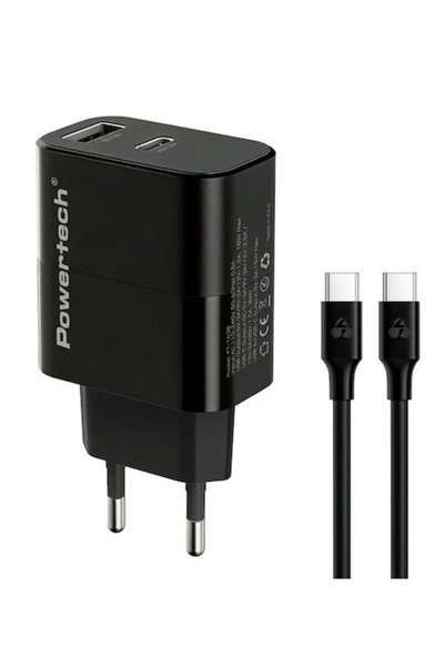 POWERTECH Φορτιστής GaN με θύρα USB-A και θύρα USB-C και καλώδιο USB-C σε USB...