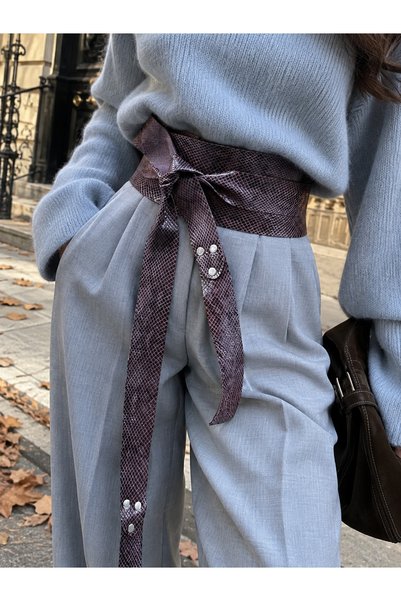 Yılday Gür Butik Women's Purple Snake Pattern Textured Obi Tie Leather Belt -...
