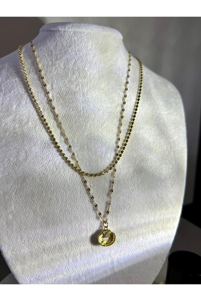 Merishe Jewerly قلادة من الفولاذ على شكل صدفة بحرية ذهبية مزدوجة