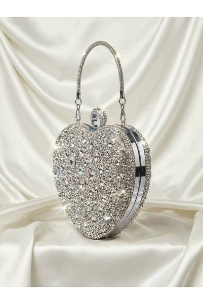 selma demir Gümüşİri Taşlı Kalp Model Kadın Abiye Davet Gece Çantası / Clutch