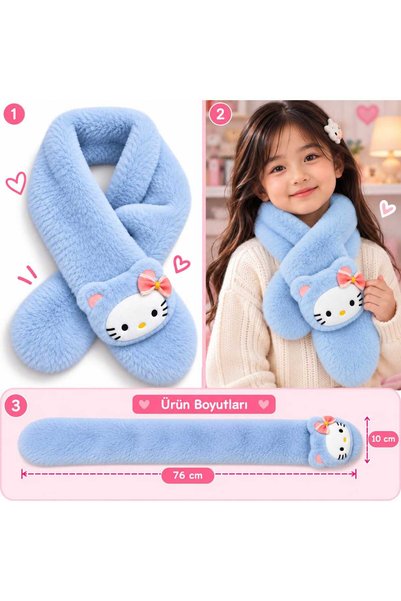 PeriMila Kız Çocuk Sevimli Kedi Detaylı Peluş Atkı - Pratik Geçirmeli Kışlık ...