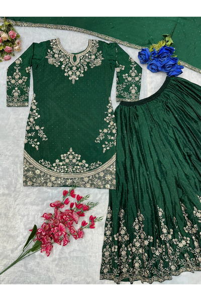 MYSMAR Dark Green Chinon Silk Embroidered Palazzo Suit Set - FFT101038-DarkGr...