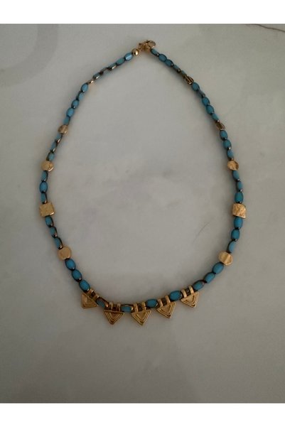 Goldensisters Jewelry Mavi Çek Kristali Ezme Gold Detaylı Kolye