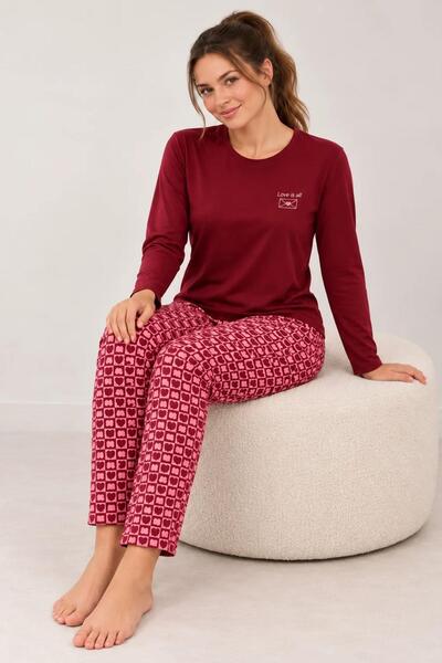 gd goldoremi Kadın Kalp Desenli Likralı Termal Kumaş Bordo Uzun Kollu Pijama Takımı