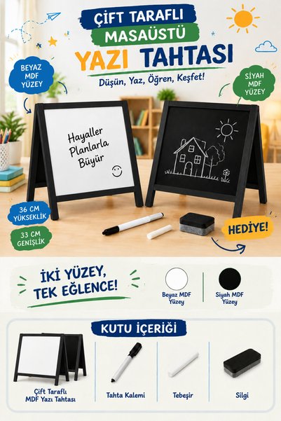 kutuTR Masaüstü Ayaklı Siyah Yazı Tahtası Mıknatıssız Yüzey. Çocuklar İçin, G...