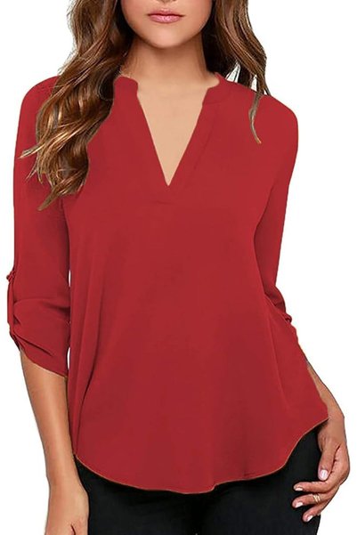 GENERAL roswear Women's Business Casual V Neck Cuffed Sleeves Work Blouse Top